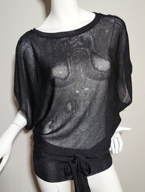 Daisy Fuentes Black Sheer Knit Dolman Tie-Hem Top